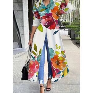 Floral Shirt Dress Women's Sz Large White Tie Dye Flowers Island Chic Coverup